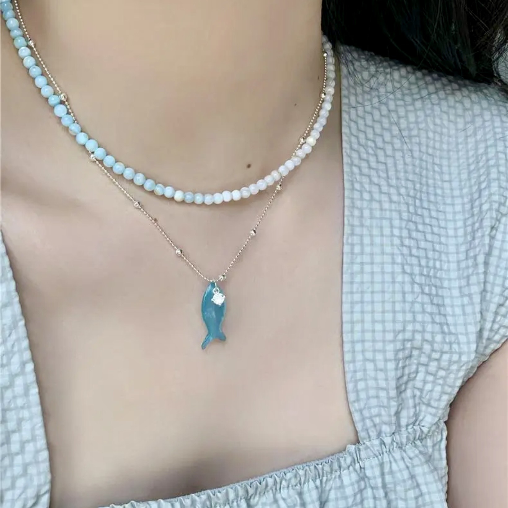 海洋日記｜清新薄荷綠小魚鋯石項鍊｜漸變串珠疊戴項鍊