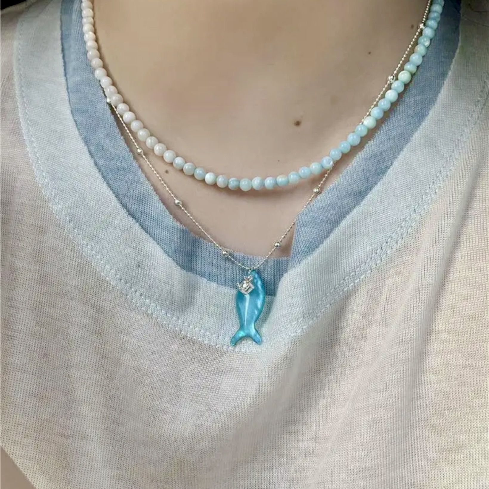 海洋日記｜清新薄荷綠小魚鋯石項鍊｜漸變串珠疊戴項鍊