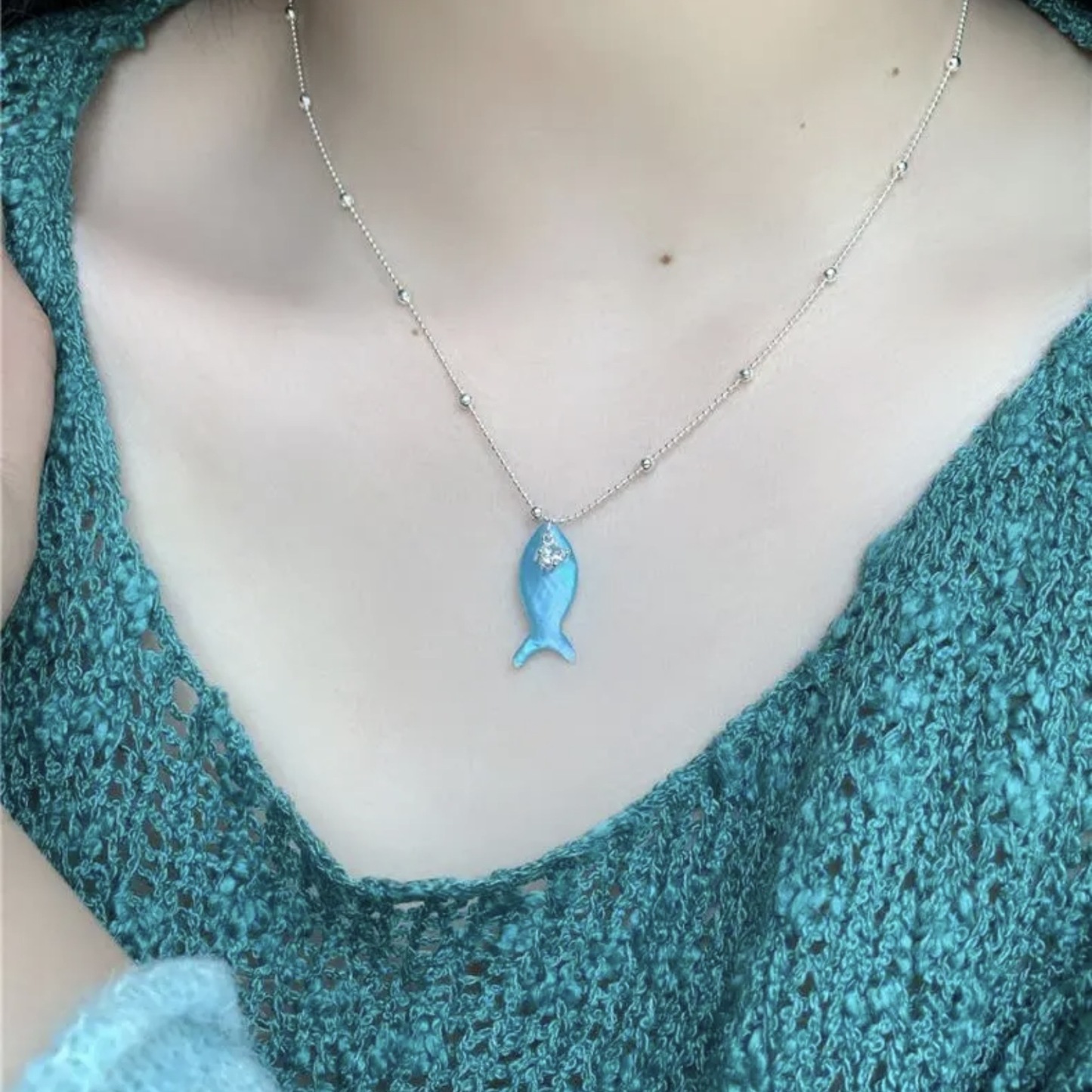 海洋日記｜清新薄荷綠小魚鋯石項鍊｜漸變串珠疊戴項鍊