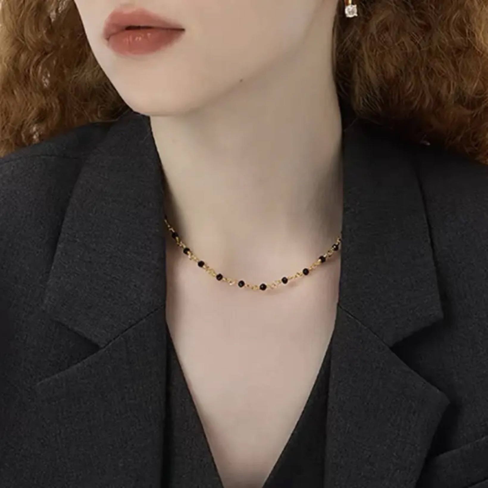 小黑石蕾絲鎖骨鍊｜法式優雅疊戴搭配｜chocker39公分+5公分
