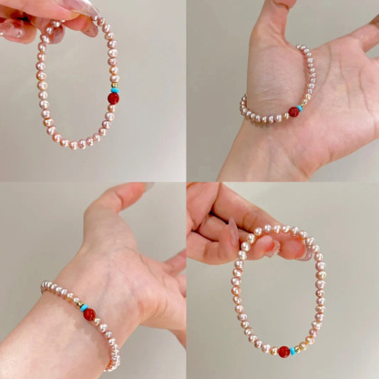 流光三彩｜香檳粉色淡水珍珠串珠｜氣場能量硃砂珍珠