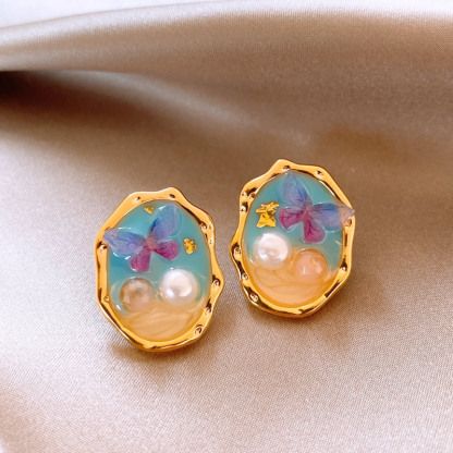 莫奈花园油画风爱心花朵珍珠耳环时尚气质耳钉法式甜美小清新耳饰