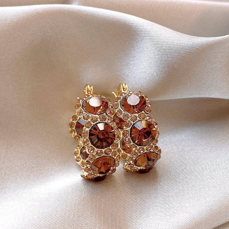 咖色虎眼石水晶圈圈耳環女氣質耳釘耳扣美拉德復古輕奢耳飾