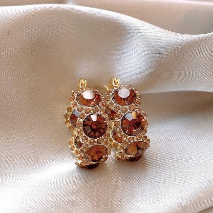 咖色虎眼石水晶圈圈耳環女氣質耳釘耳扣美拉德復古輕奢耳飾