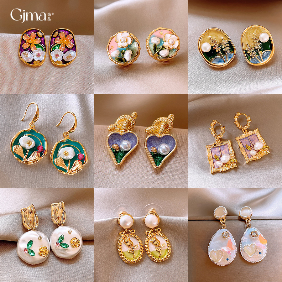 莫奈花园油画风爱心花朵珍珠耳环时尚气质耳钉法式甜美小清新耳饰