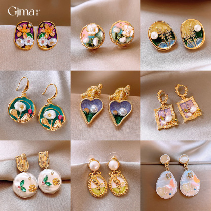 莫奈花园油画风爱心花朵珍珠耳环时尚气质耳钉法式甜美小清新耳饰