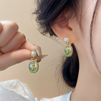 莫奈花园油画风爱心花朵珍珠耳环时尚气质耳钉法式甜美小清新耳饰