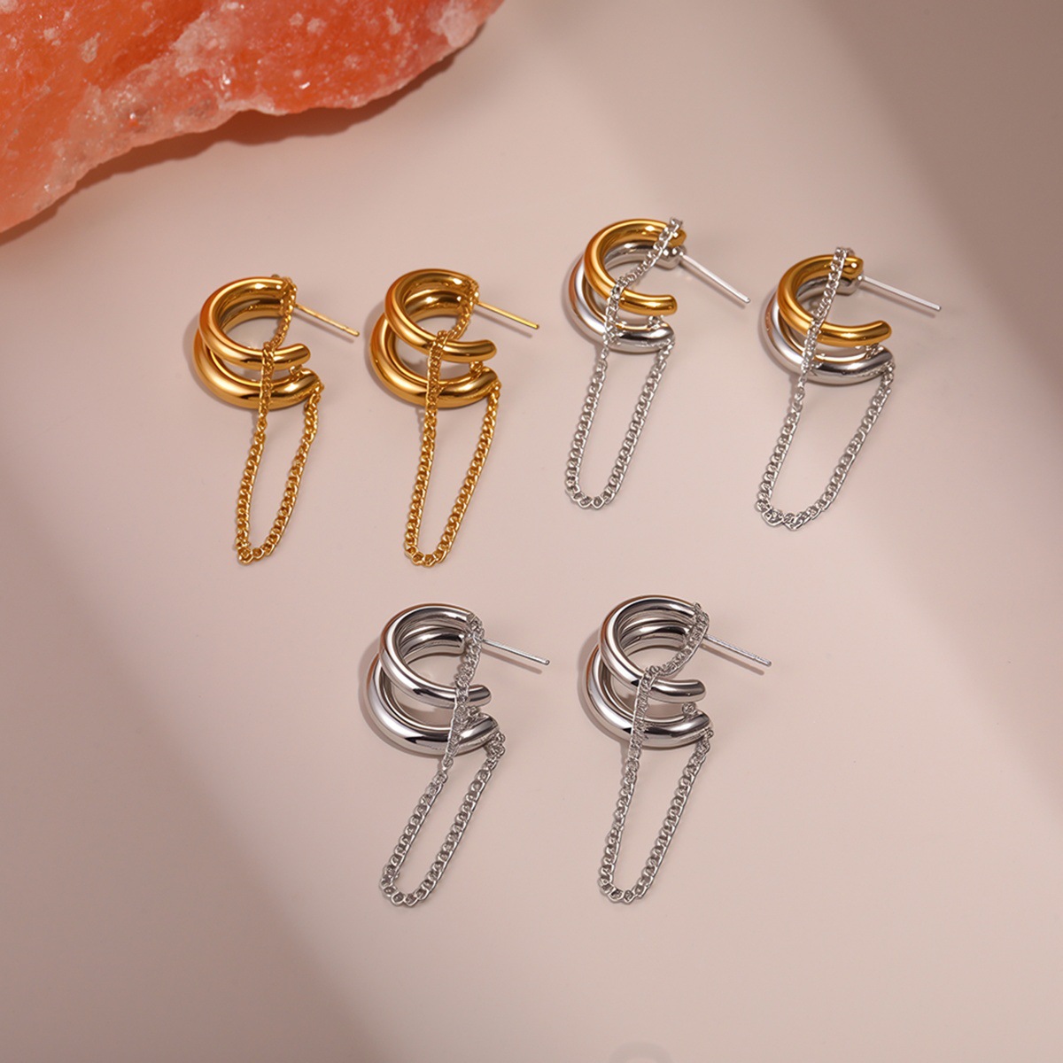 欧美时尚个性流蘇不鏽鋼耳环镀金設計感小眾耳飾品