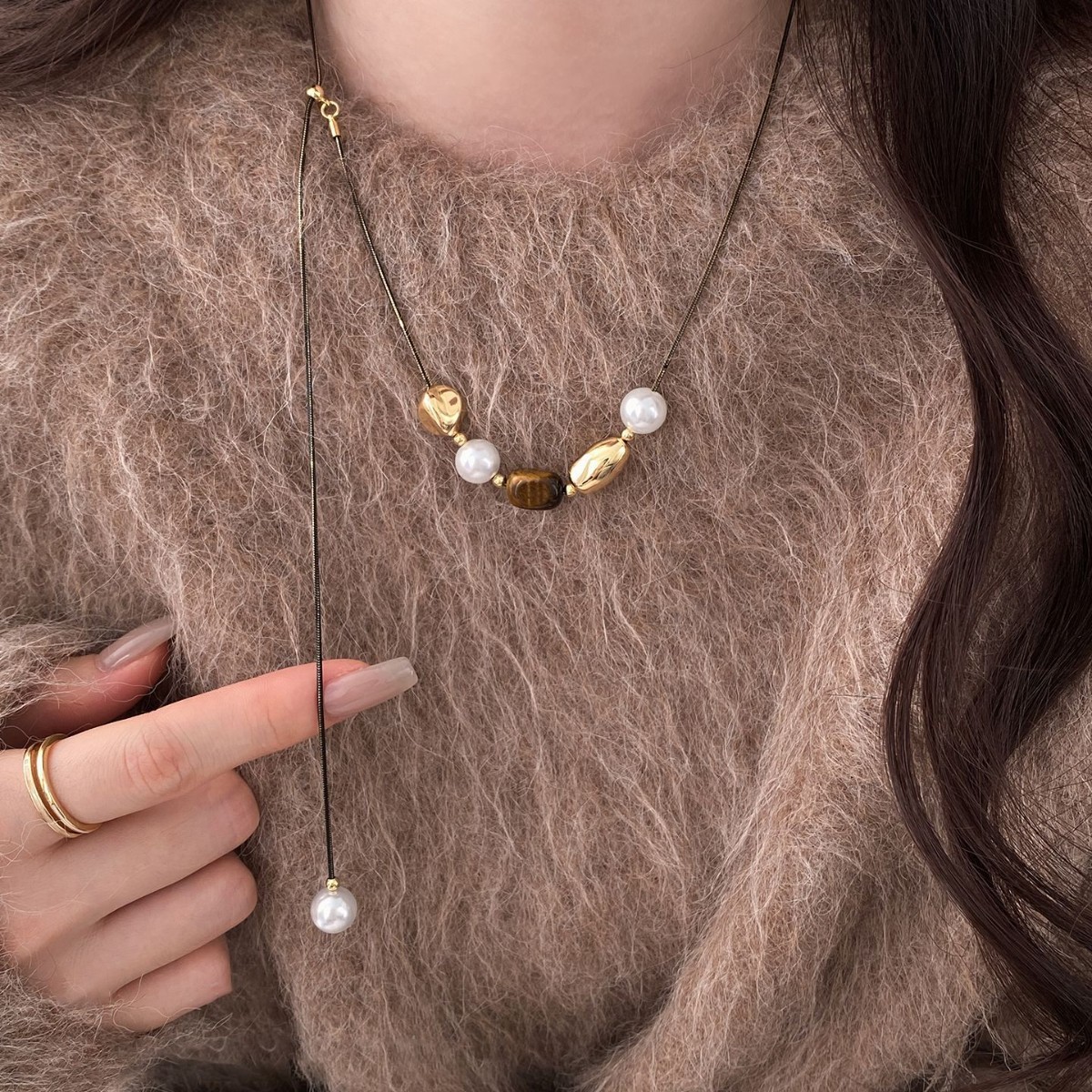 虎眼石拼色串珠珍珠毛衣鏈