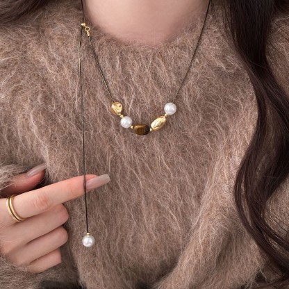 虎眼石拼色串珠珍珠毛衣鏈