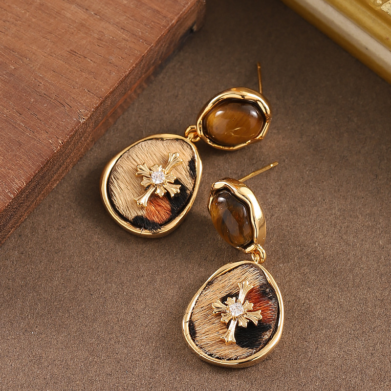 虎眼石马毛豹纹耳环高级感新潮简约气质银针耳饰