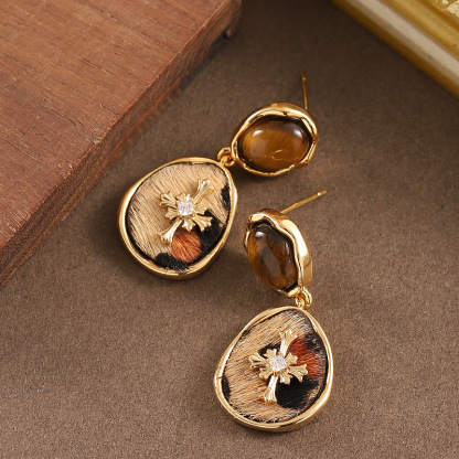 虎眼石马毛豹纹耳环高级感新潮简约气质银针耳饰