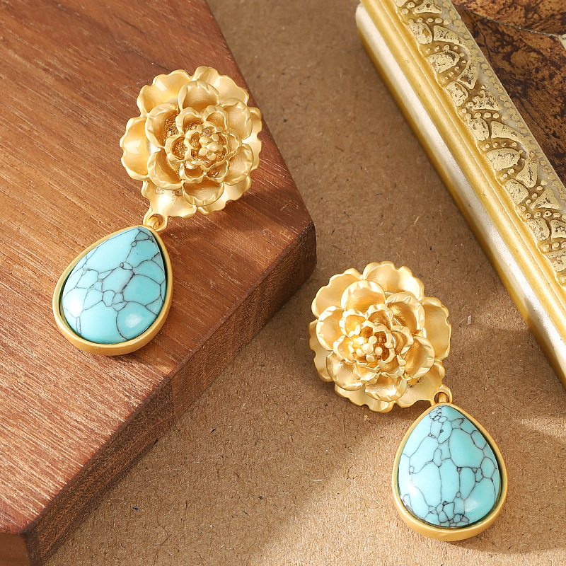 銀針復古個性中古風藍松石吊墜耳環女氣質優雅高級感年會宴會耳飾