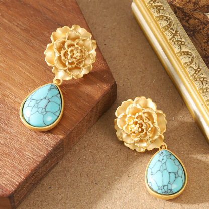 銀針復古個性中古風藍松石吊墜耳環女氣質優雅高級感年會宴會耳飾