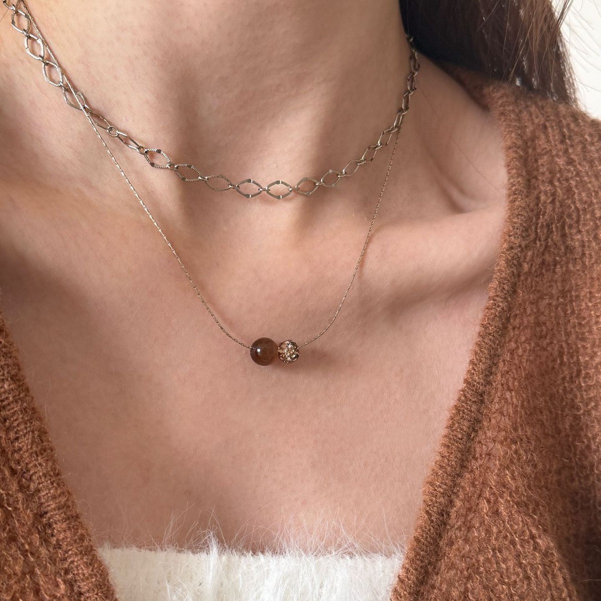 疊戴｜環環項鏈｜貓眼鑽球鏤空項鍊