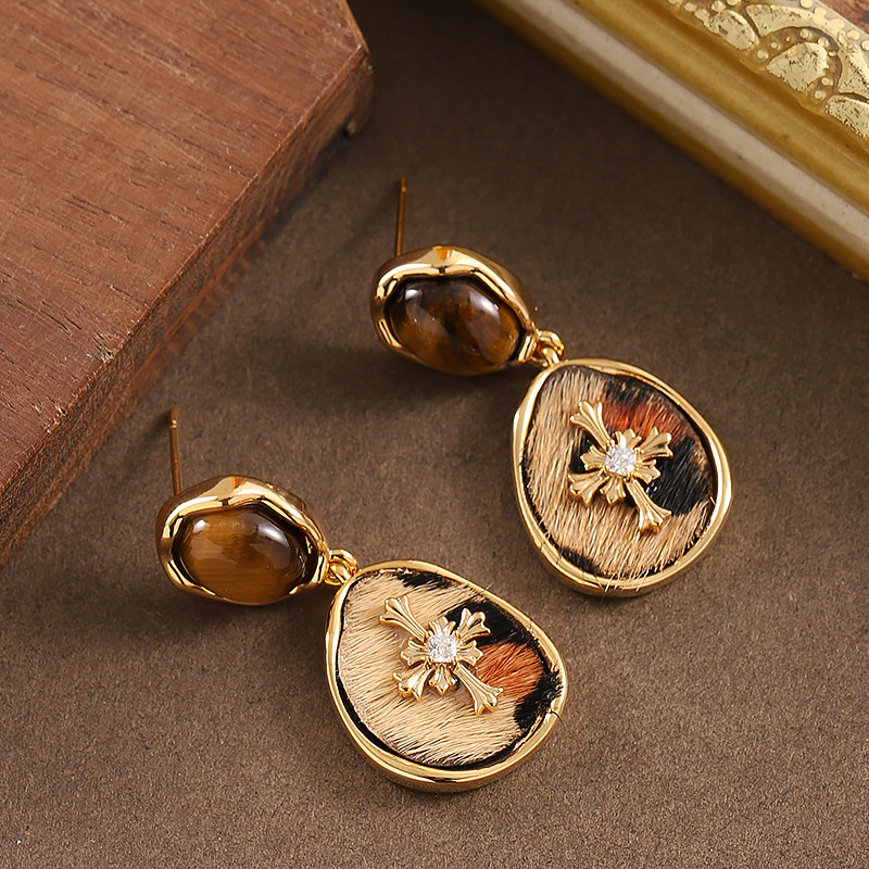 虎眼石马毛豹纹耳环高级感新潮简约气质银针耳饰