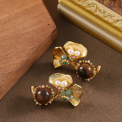 優雅精緻法式宮廷風格虎眼石銀杏葉珍珠女生耳環