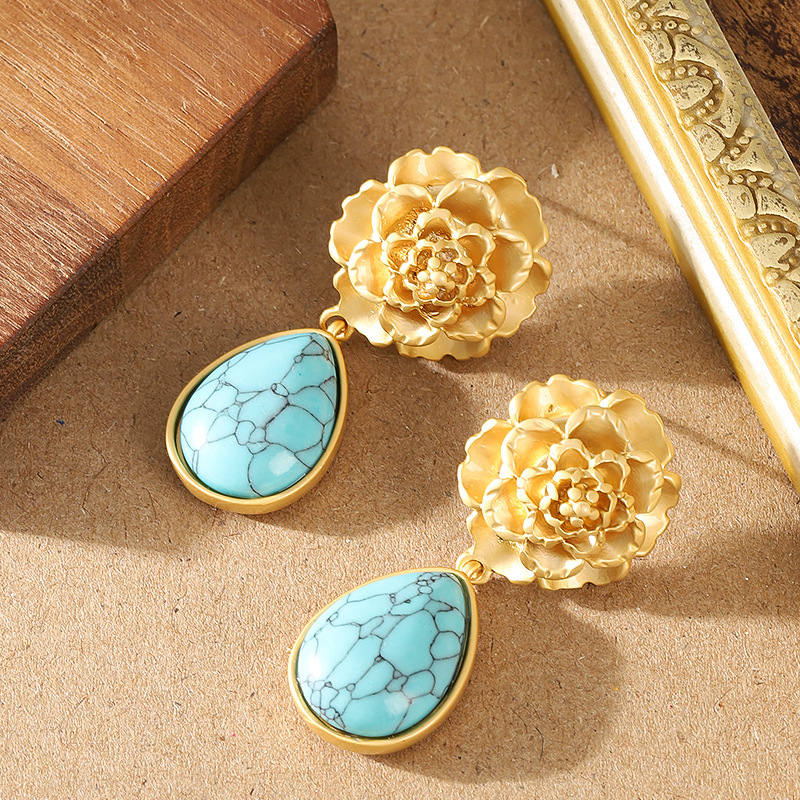 銀針復古個性中古風藍松石吊墜耳環女氣質優雅高級感年會宴會耳飾