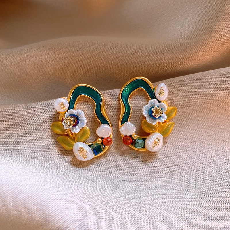 莫奈花园油画风爱心花朵珍珠耳环时尚气质耳钉法式甜美小清新耳饰