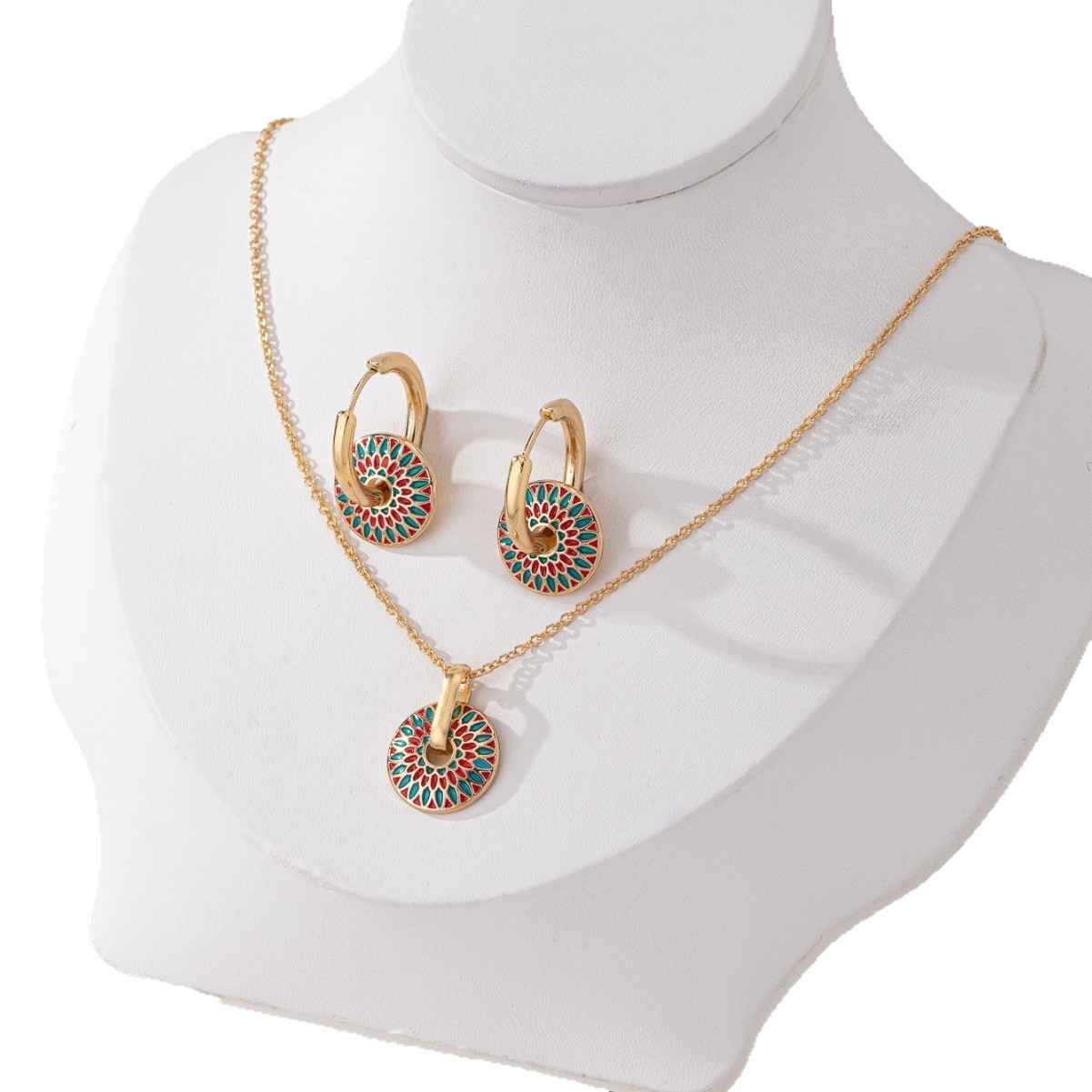 圆形手绘彩色滴油耳扣项链套装｜轻奢高级潮流款耳饰女