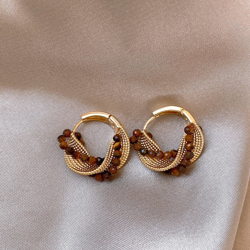 咖色虎眼石水晶圈圈耳環女氣質耳釘耳扣美拉德復古輕奢耳飾