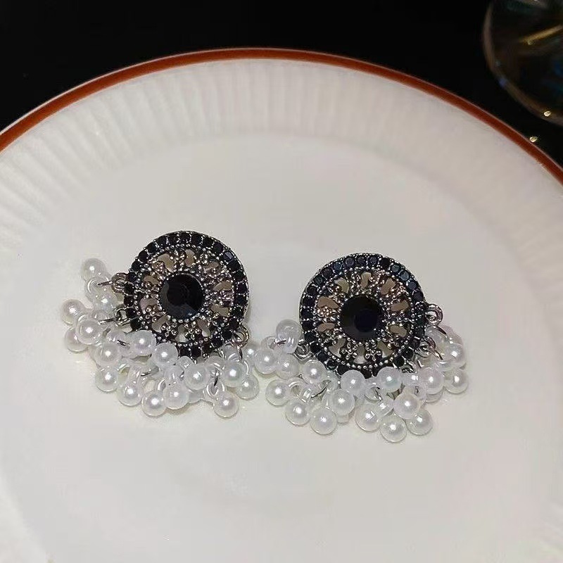 新中式黑金珍珠流苏耳环高级复古民族风轻奢小众高级气质耳钉耳饰
