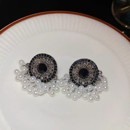 新中式黑金珍珠流苏耳环高级复古民族风轻奢小众高级气质耳钉耳饰