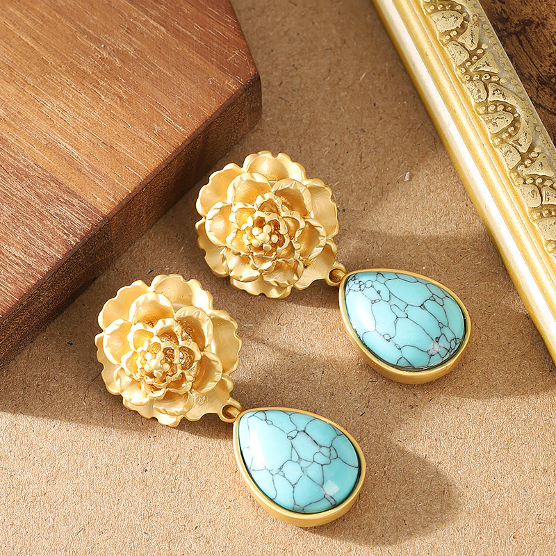 銀針復古個性中古風藍松石吊墜耳環女氣質優雅高級感年會宴會耳飾