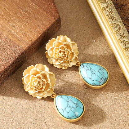 銀針復古個性中古風藍松石吊墜耳環女氣質優雅高級感年會宴會耳飾