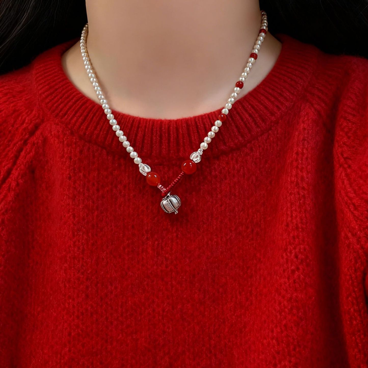 新年開運必備｜红玛瑙南瓜珠 x 珍珠长項鏈