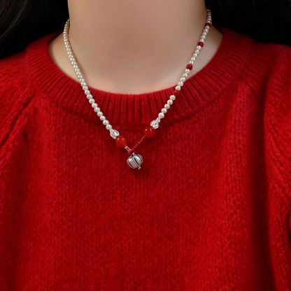 新年開運必備｜红玛瑙南瓜珠 x 珍珠长項鏈