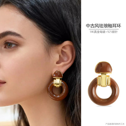 法式復古優雅中古風滴釉幾何圓圈耳墜耳環小衆氣質高級感銀針耳飾