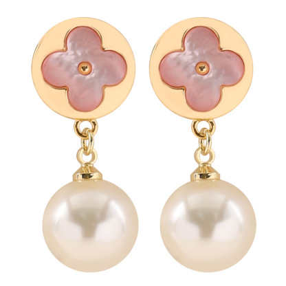 法式優雅氣質小香風天然貝殼四葉草珍珠耳環輕奢小衆精緻銀針耳飾