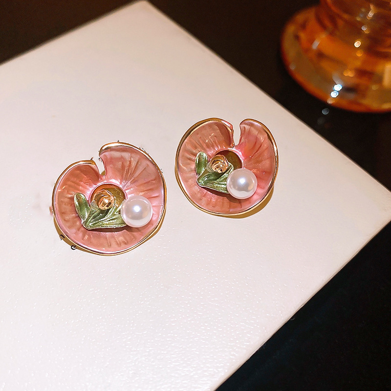 莫奈花园油画风爱心花朵珍珠耳环时尚气质耳钉法式甜美小清新耳饰
