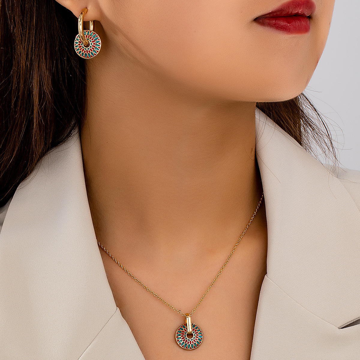 圆形手绘彩色滴油耳扣项链套装｜轻奢高级潮流款耳饰女