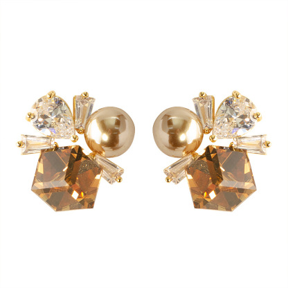 鎏金方糖鋯石珍珠耳釘