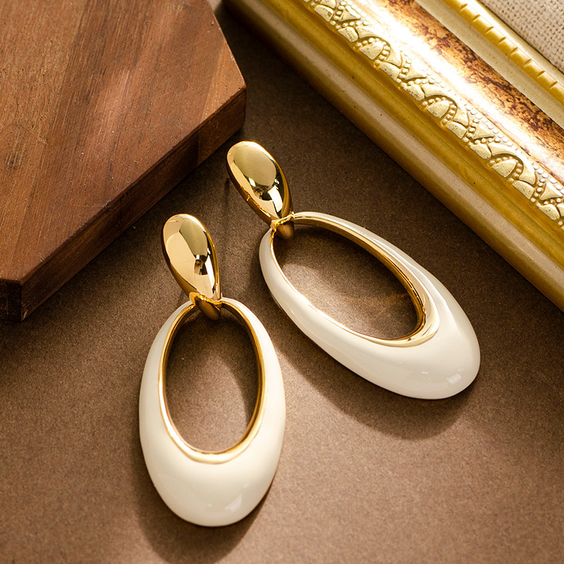 法式優雅復古滴油鏤空幾何橢圓耳環個性設計感銀針耳飾