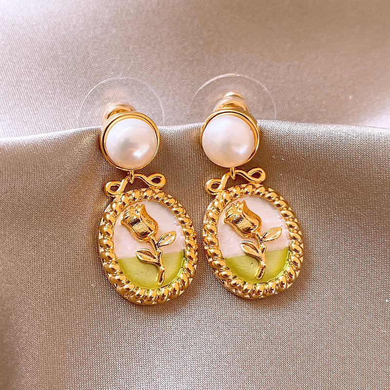 莫奈花园油画风爱心花朵珍珠耳环时尚气质耳钉法式甜美小清新耳饰