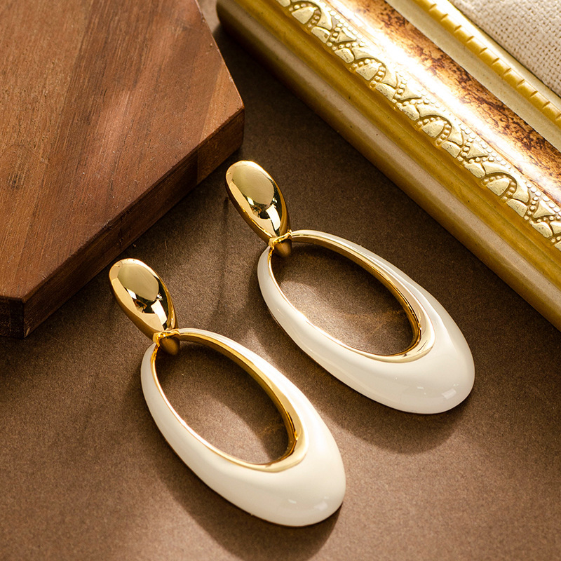 法式優雅復古滴油鏤空幾何橢圓耳環個性設計感銀針耳飾