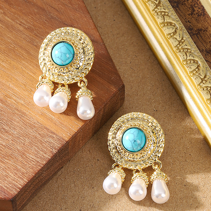 國潮復古民族風藍松石珍珠吊墜流蘇耳環女輕奢高級感個性銀針耳飾