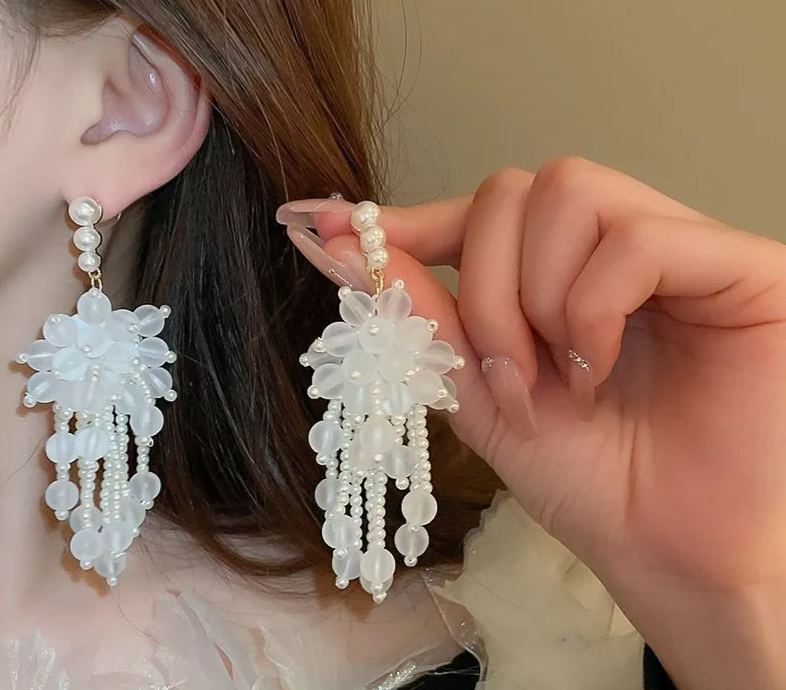 银针镶钻水晶珍珠耳环欧美复古轻奢长款耳坠清新甜美高级感耳饰女