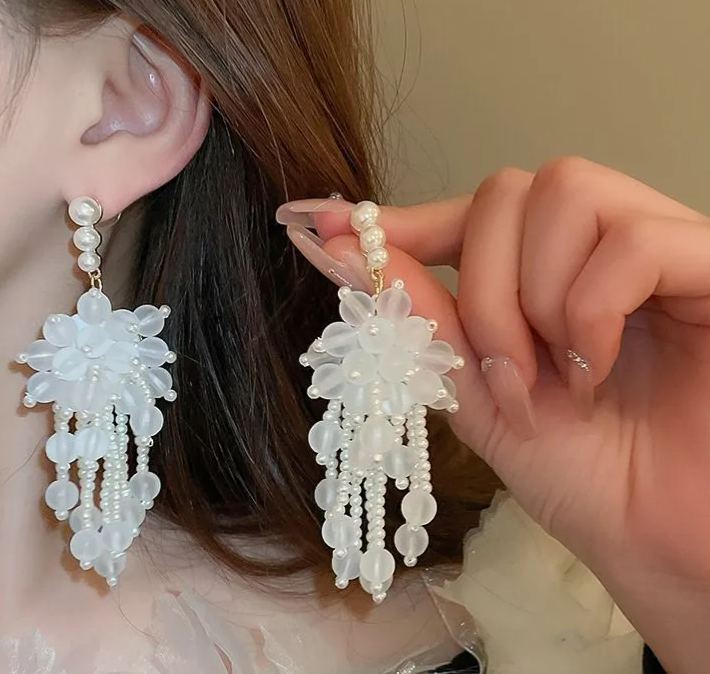 银针镶钻水晶珍珠耳环欧美复古轻奢长款耳坠清新甜美高级感耳饰女