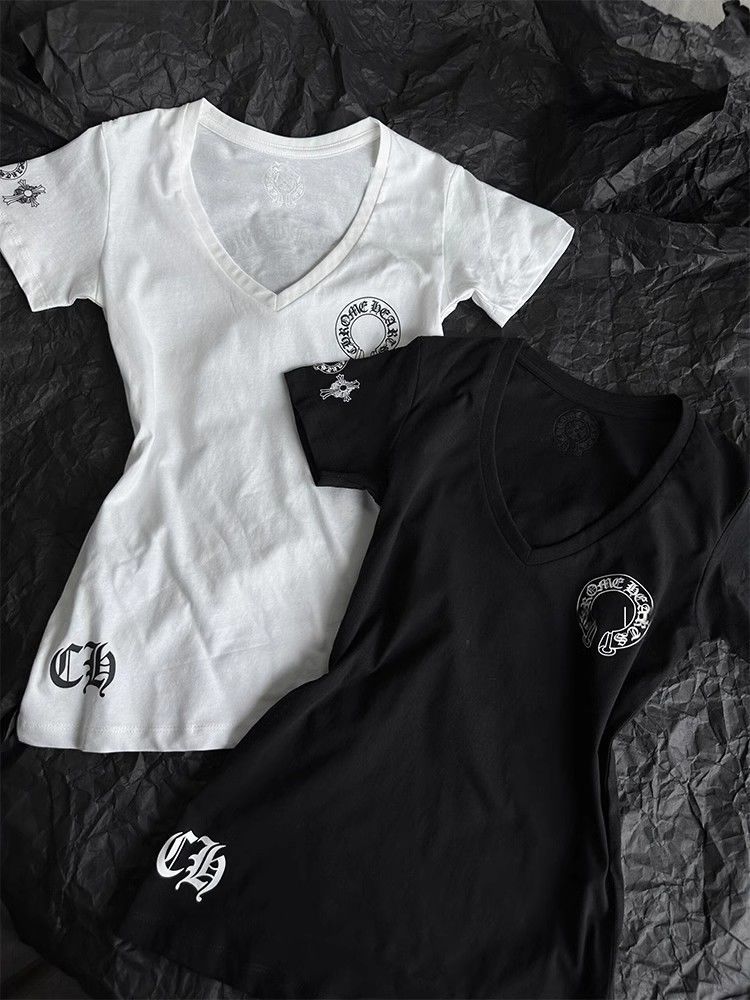 【クロムハーツ】Vネックプリント半袖Tシャツ レディース フィットシルエット キャミソールトップス ホワイト/ブラック