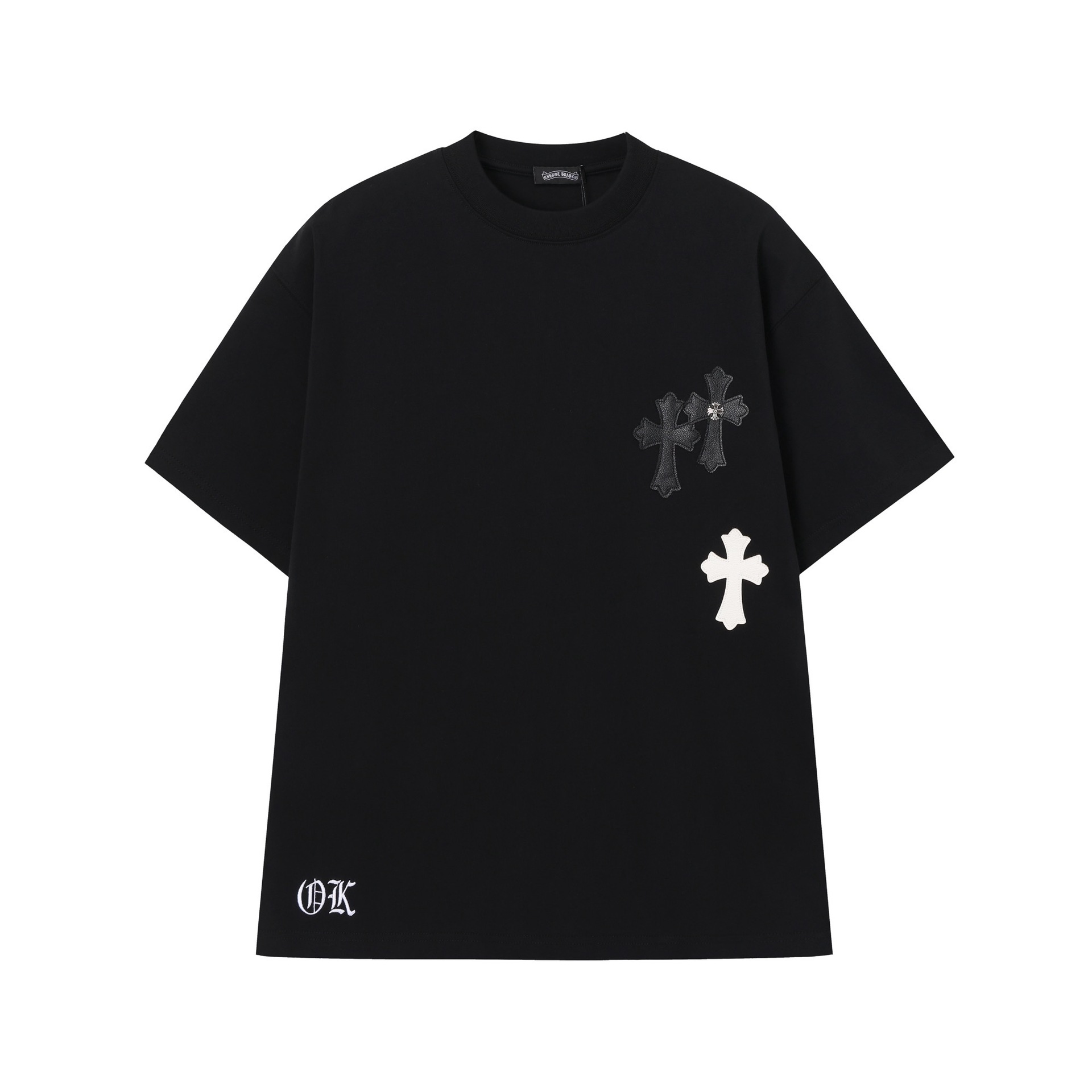 夏の新作 厚手メンズ半袖Tシャツ クロスとレタリング刺繍 ルーズフィット ベーシックデザイン クルーネック 梵字クロムハーツ