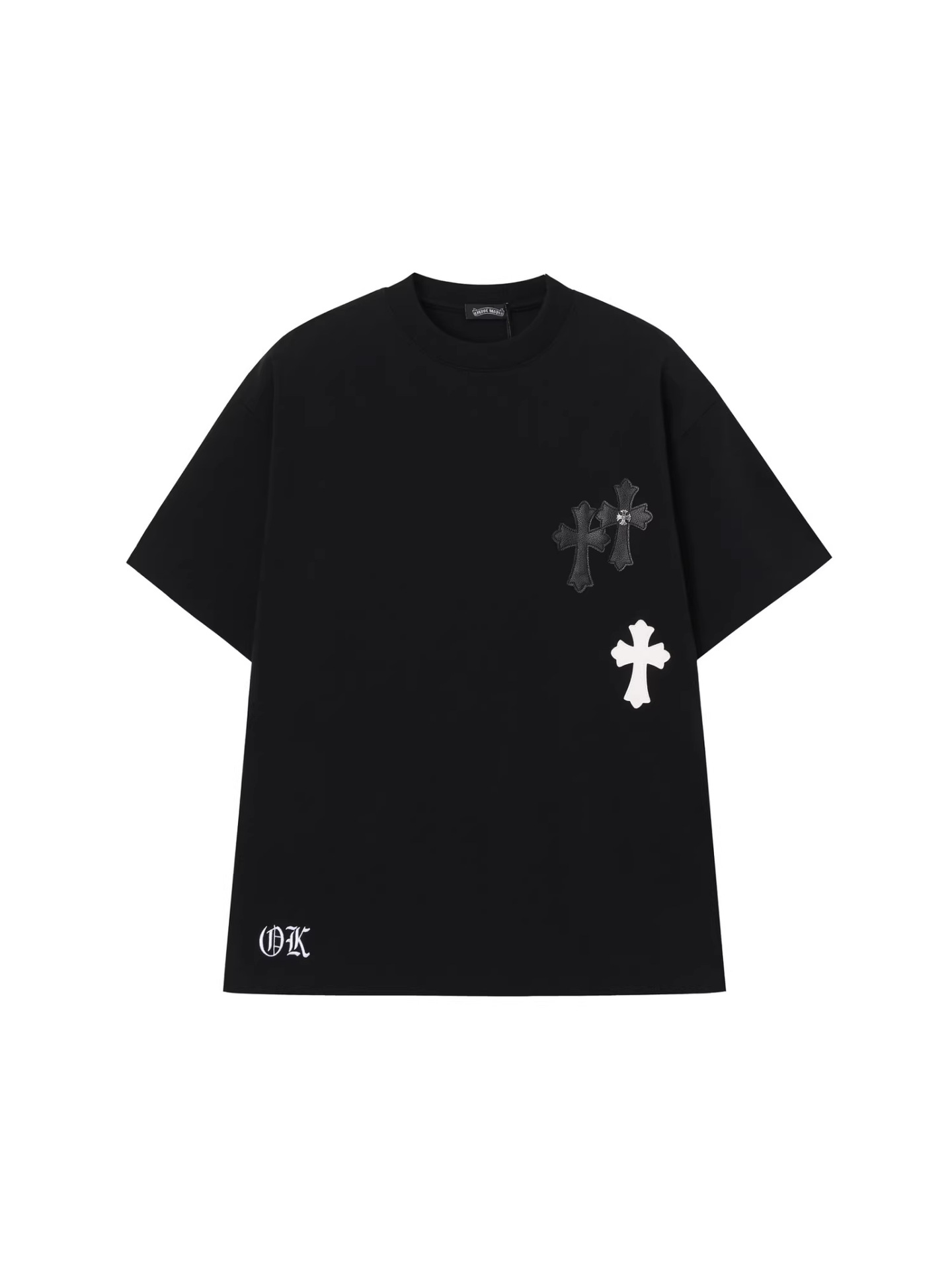 夏の新作 厚手メンズ半袖Tシャツ クロスとレタリング刺繍 ルーズフィット ベーシックデザイン クルーネック 梵字クロムハーツ