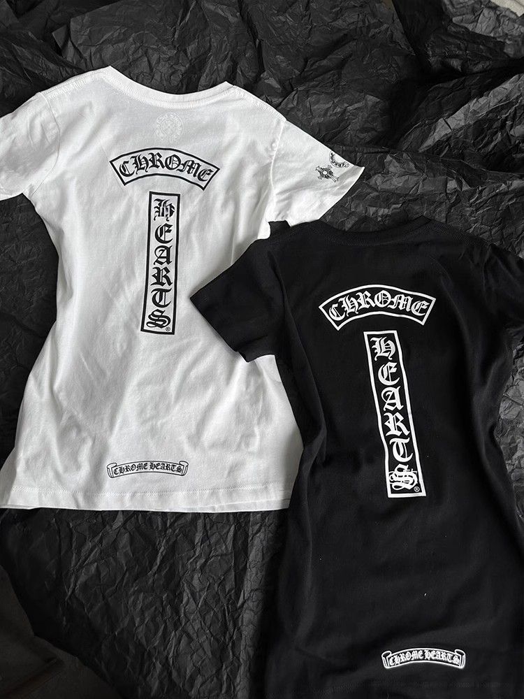 【クロムハーツ】Vネックプリント半袖Tシャツ レディース フィットシルエット キャミソールトップス ホワイト/ブラック