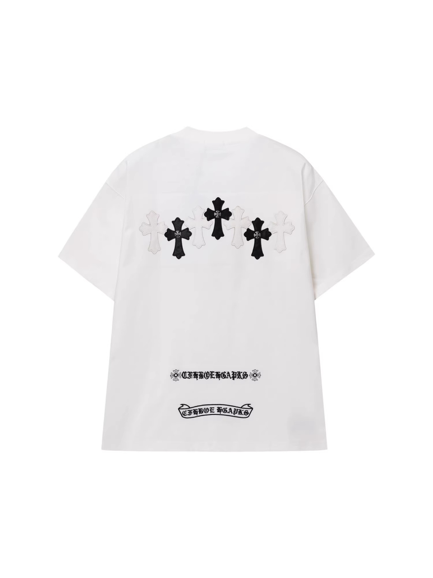 夏の新作 厚手メンズ半袖Tシャツ クロスとレタリング刺繍 ルーズフィット ベーシックデザイン クルーネック 梵字クロムハーツ