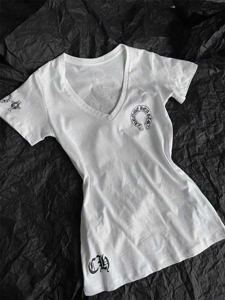 【クロムハーツ】Vネックプリント半袖Tシャツ レディース フィットシルエット キャミソールトップス ホワイト/ブラック
