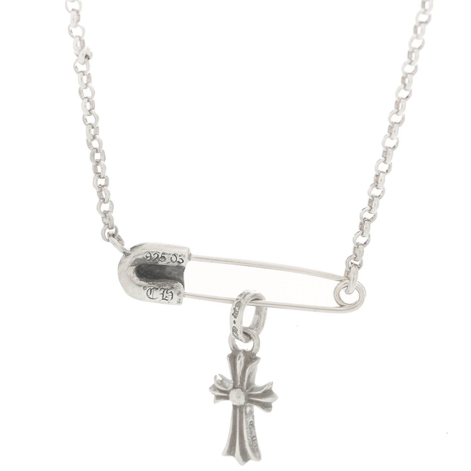 Chrome Hearts スターリングシルバー セーフティピン ベビーファットクロス ペンダント ネックレス