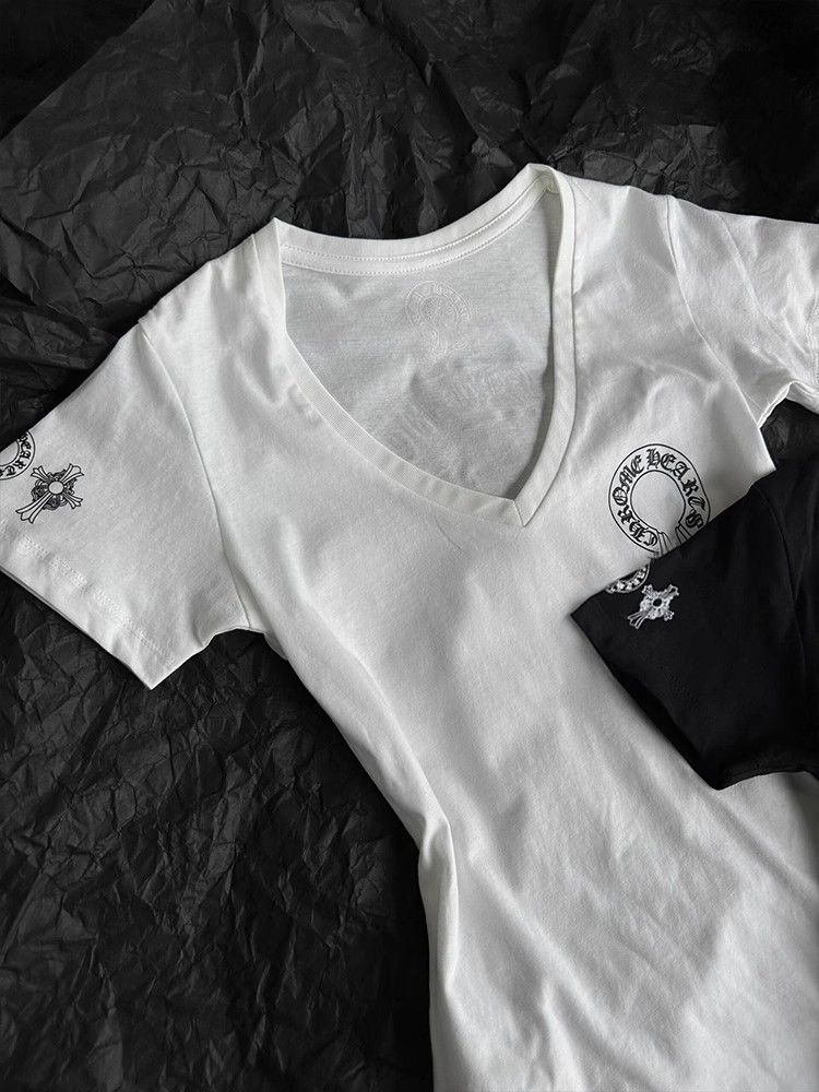 【クロムハーツ】Vネックプリント半袖Tシャツ レディース フィットシルエット キャミソールトップス ホワイト/ブラック